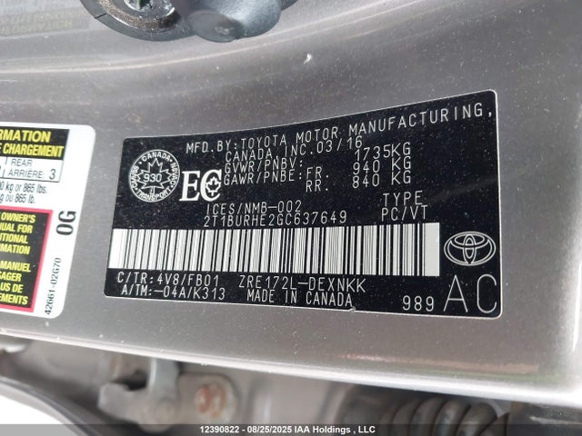 Toyota 2zr-fe 2016 2T1BURHE2GC637649 Image 9