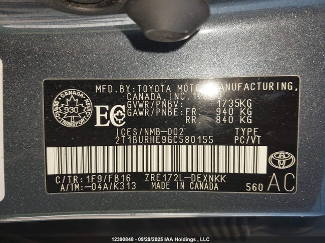 Toyota 2zr-fe 2016 2T1BURHE9GC580155 Image 9