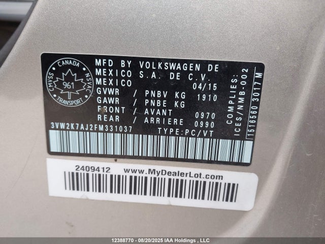 3VW2K7AJ2FM331037 Volkswagen 2015