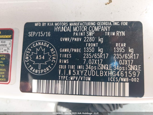 5XYZUDLBXHG461597 Hyundai gdi theta ii