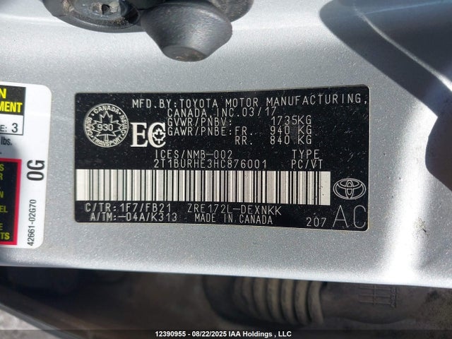 Toyota 2zr-fe 2017 2T1BURHE3HC876001 Image 9