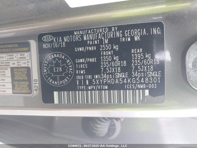 KIA gdi lambda-ii 2019 5XYPHDA54KG548301 Image 9