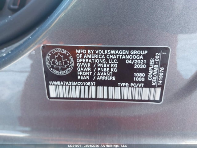 Aukcja sprzedaży 2021 Volkswagen Passat Highline, vin: 1VWBA7A33MC010837, numer aukcji: 12391001