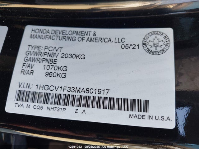 1HGCV1F33MA801917 Honda l15be