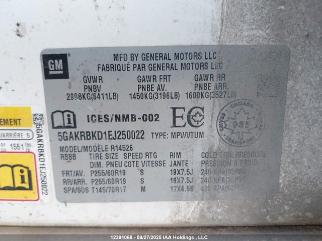 Buick llt 2014 5GAKRBKD1EJ250022 Image 9