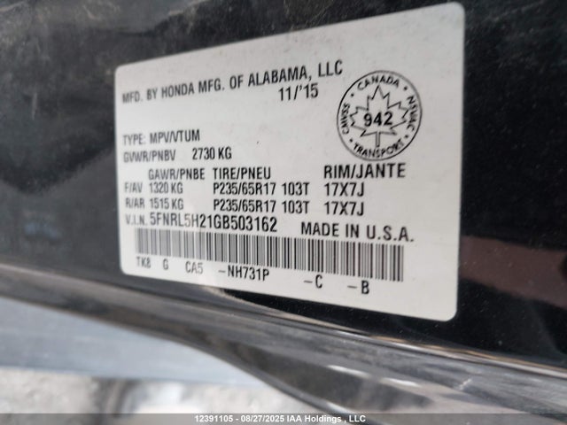 5FNRL5H21GB503162 Honda j35z8
