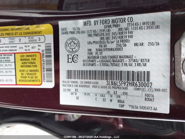 3LN6L5F92HR630002 Lincoln 2.0l gtdi high w/premium fuel