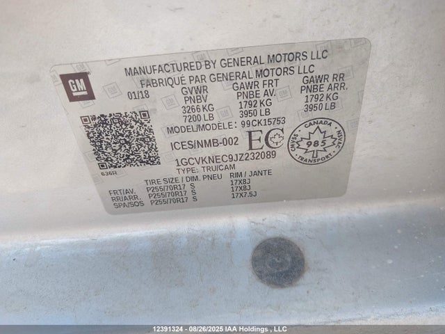 1GCVKNEC9JZ232089 Chevrolet l83 - sidi: spark ignited direct injection, vvt: variable valve timing, afm, e85 max, alum