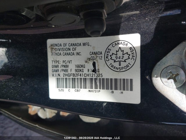 2012 Honda Civic Lx მანქანა იყიდება აუქციონზე, vin: 2HGFB2F41CH121325, აუქციონის ნომერი: 12391353