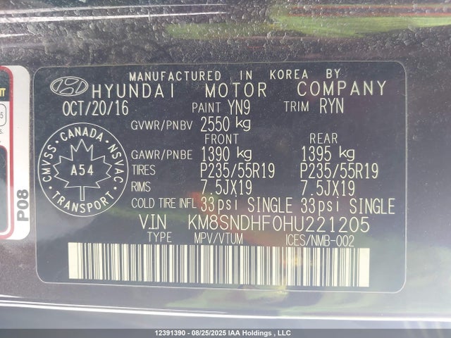 KM8SNDHF0HU221205 Hyundai gdi lambda ii