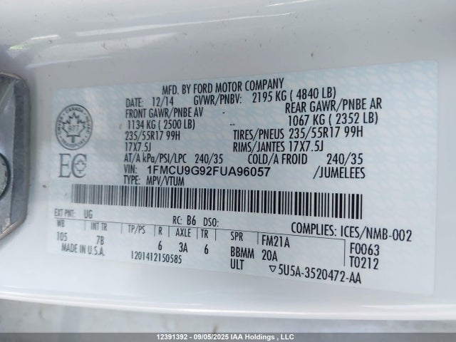 1FMCU9G92FUA96057 Ford 2015