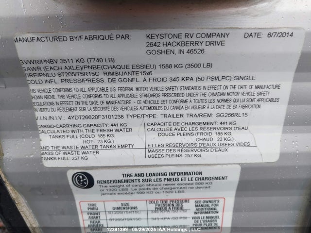 4YDT26620F3101238 Keystone keystone