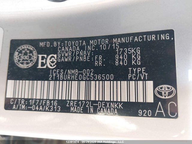 2T1BURHE0GC536500 Toyota 2zr-fe