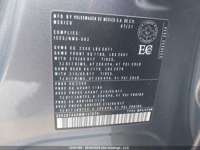 Aukcja sprzedaży 2021 Volkswagen Tiguan Se/se R-line Black/sel, vin: 3VV2B7AX0MM147074, numer aukcji: 12391489