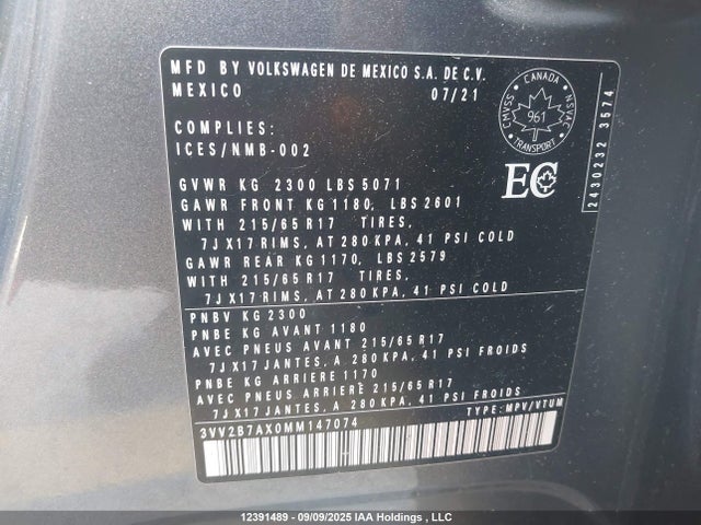 Aukcja sprzedaży 2021 Volkswagen Tiguan Se/se R-line Black/sel, vin: 3VV2B7AX0MM147074, numer aukcji: 12391489