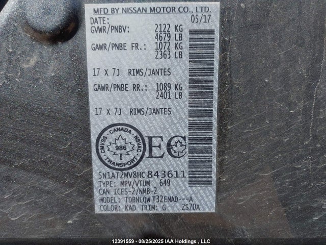 5N1AT2MV8HC843611 Nissan Rogue