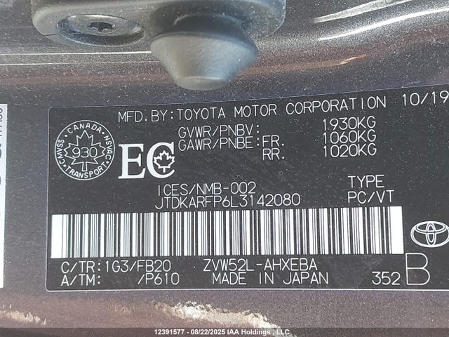 JTDKARFP6L3142080 Toyota 2zr-fxe+1nm+1sm