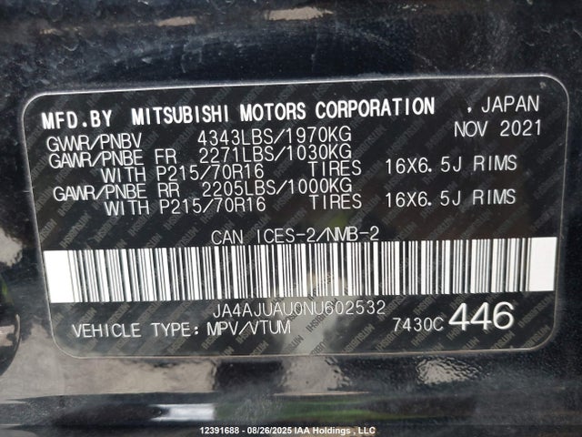 JA4AJUAU0NU602532 Mitsubishi mivec