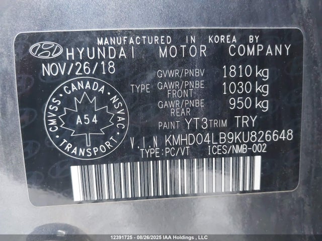 KMHD04LB9KU826648 Hyundai g 1.6 dohc t-gdi