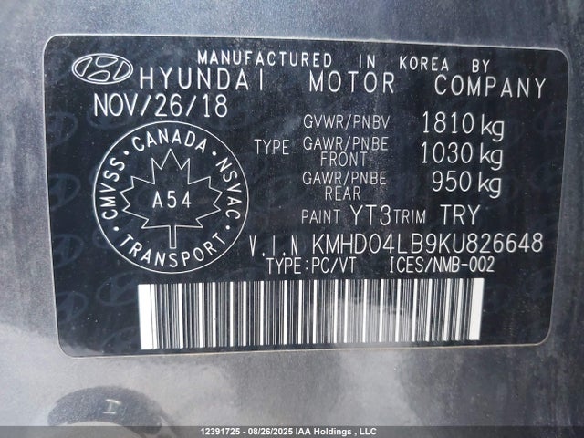 KMHD04LB9KU826648 Hyundai g 1.6 dohc t-gdi