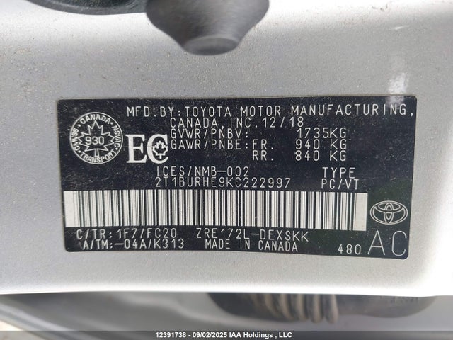 Toyota 2zr-fe 2019 2T1BURHE9KC222997 Image 19