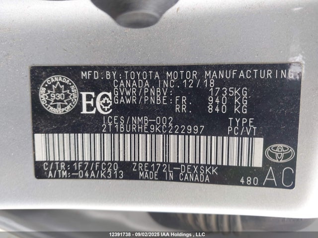 Toyota 2zr-fe 2019 2T1BURHE9KC222997 Image 9
