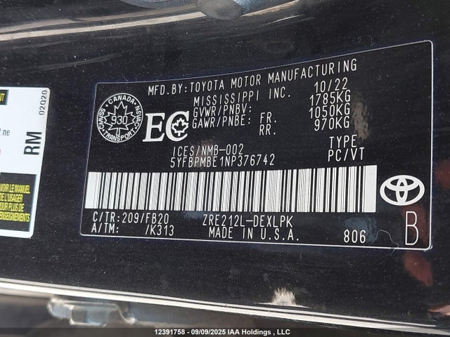Toyota 2zr-fae 2022 5YFBPMBE1NP376742 Image 9