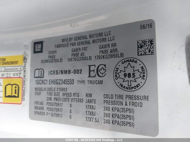 1GCNCNEH6GZ345533 Chevrolet lv3 - sidi, vvt, aluminum, e85 max
