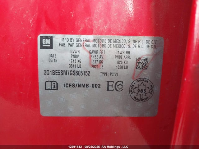 3G1BE5SM7GS605152 Chevrolet le2 - di: direct injection, alum, vvt, gen i, gmna