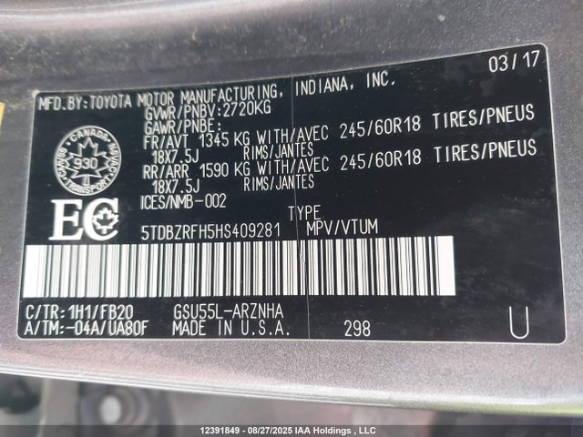 Toyota 2gr-fks 2017 5TDBZRFH5HS409281 Image 9