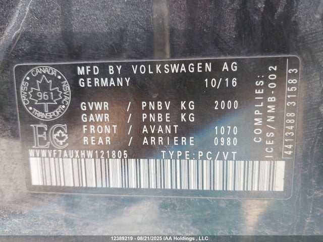 WVWVF7AUXHW121805 Volkswagen 2.0 tsi
