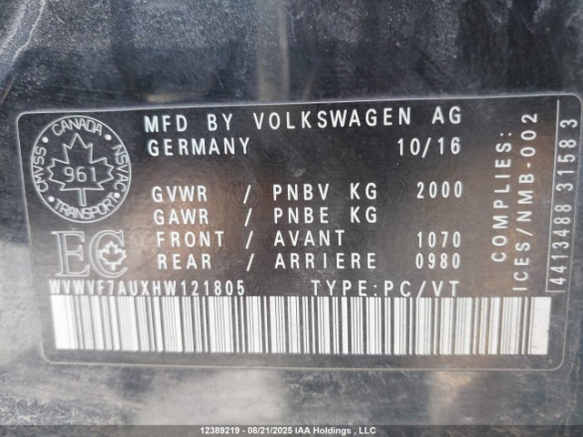 WVWVF7AUXHW121805 Volkswagen 2.0 tsi