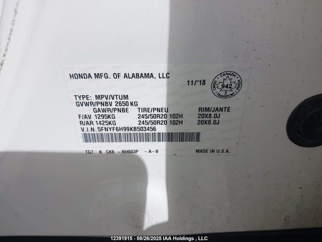 5FNYF6H99KB503456 Honda j35y6