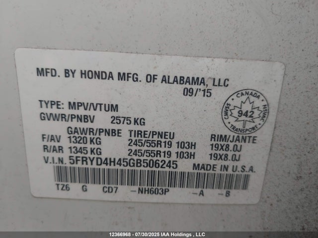 5FRYD4H45GB506245 Acura j35y5