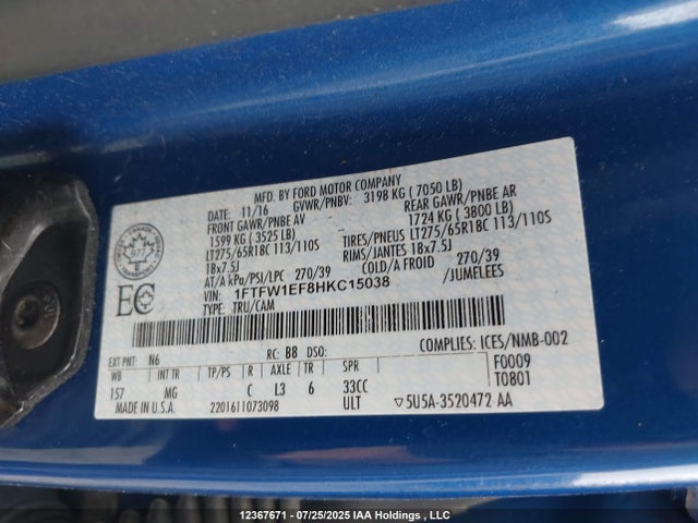 Ford 5.0l-4v 2017 1FTFW1EF8HKC15038 Image 9