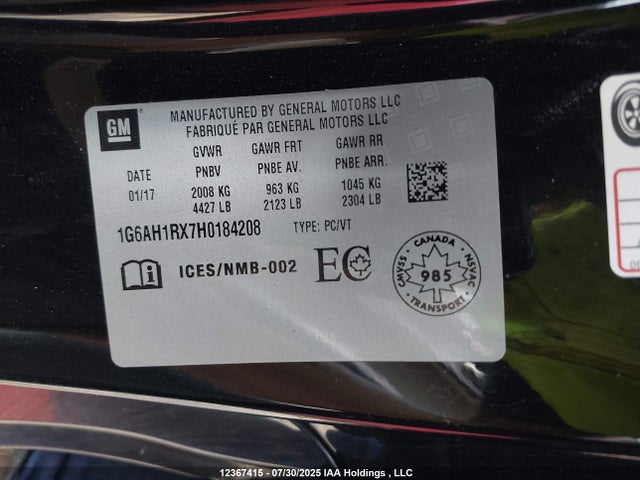 1G6AH1RX7H0184208 Cadillac ltg - sid, alum, vvt, dcvcp turbo, e0-e100, alum