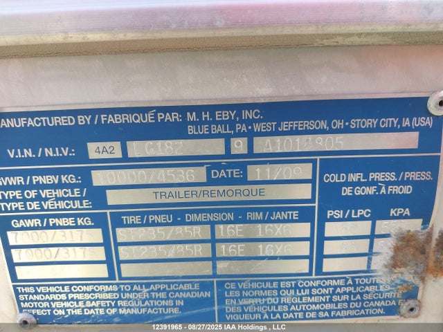 2010 M H Eby Trailers  მანქანა იყიდება აუქციონზე, vin: 4A2LG1829A1014805, აუქციონის ნომერი: 12391965