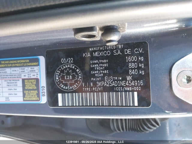 3KPA25AD1NE454916 KIA mpi gamma ii