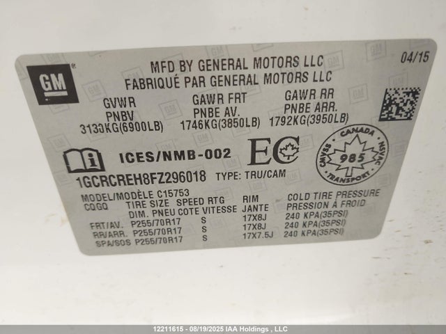 1GCRCREH8FZ296018 Chevrolet lv3 - vvt, aluminum, e85 max