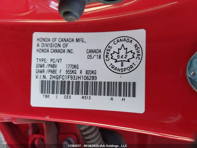 2HGFC1F93JH106289 Honda l15b7