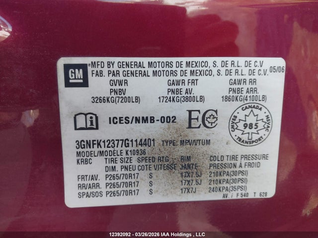 2007 Chevrolet Avalanche 1500 Ls/lt/ltz მანქანა იყიდება აუქციონზე, vin: 3GNFK12377G114401, აუქციონის ნომერი: 12392092