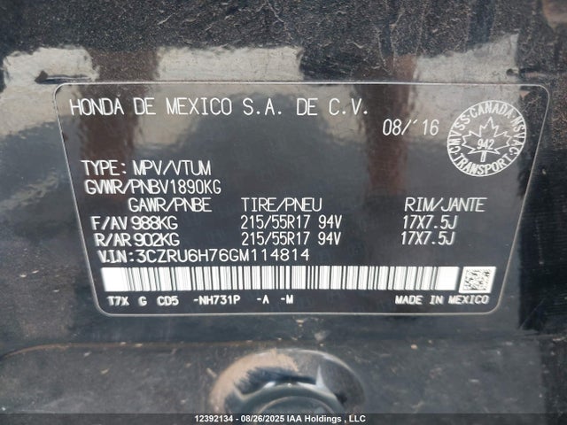 3CZRU6H76GM114814 Honda r18z9