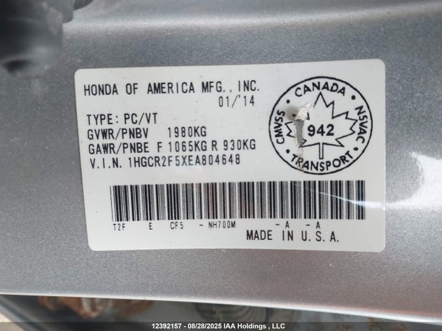 1HGCR2F5XEA804648 Honda k24w1