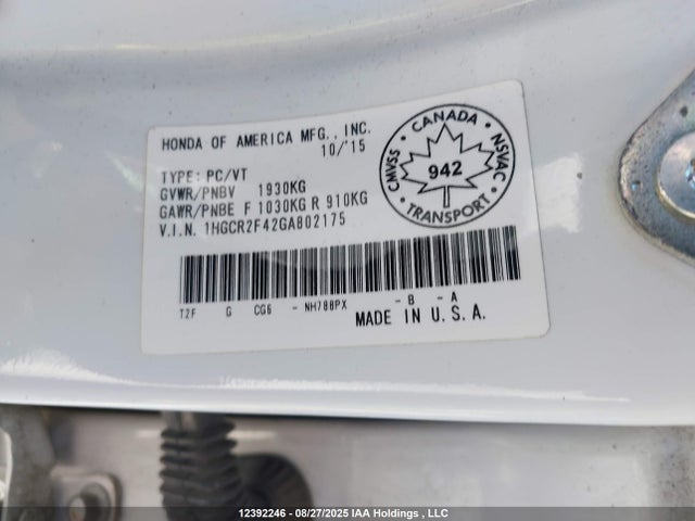 1HGCR2F42GA802175 Honda k24w1