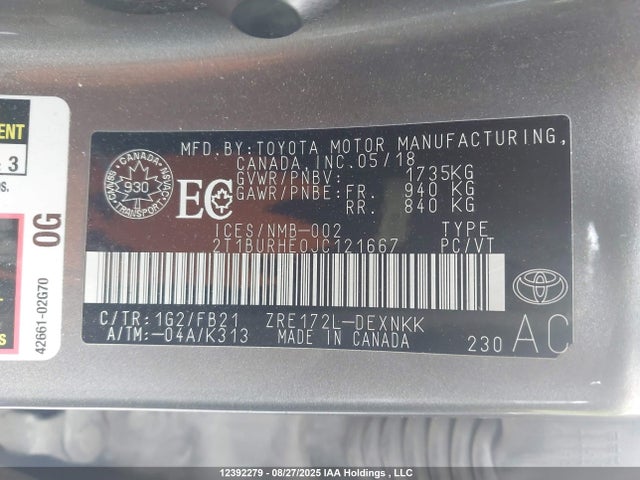 2T1BURHE0JC121667 Toyota 2zr-fe