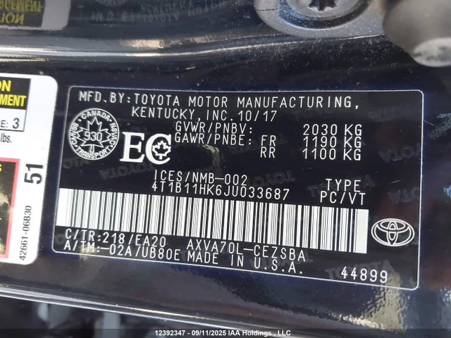 4T1B11HK6JU033687 Toyota a25a-fks