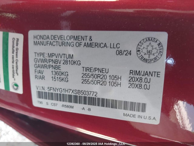 5FNYG1H7XSB503772 Honda j35y8