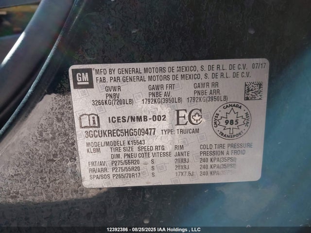 3GCUKREC5HG509477 Chevrolet l83 - sidi: spark ignited direct injection, vvt: variable valve timing, afm, e85 max, alum