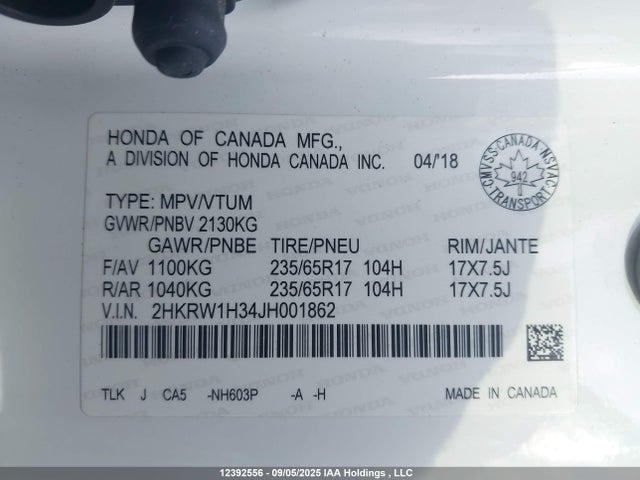 2HKRW1H34JH001862 Honda k24w9/k24v9