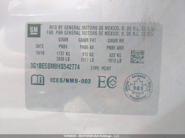 3G1BE5SM8HS542774 Chevrolet le2 -di: direct injection, vvt: variable valve timing, gen, alum